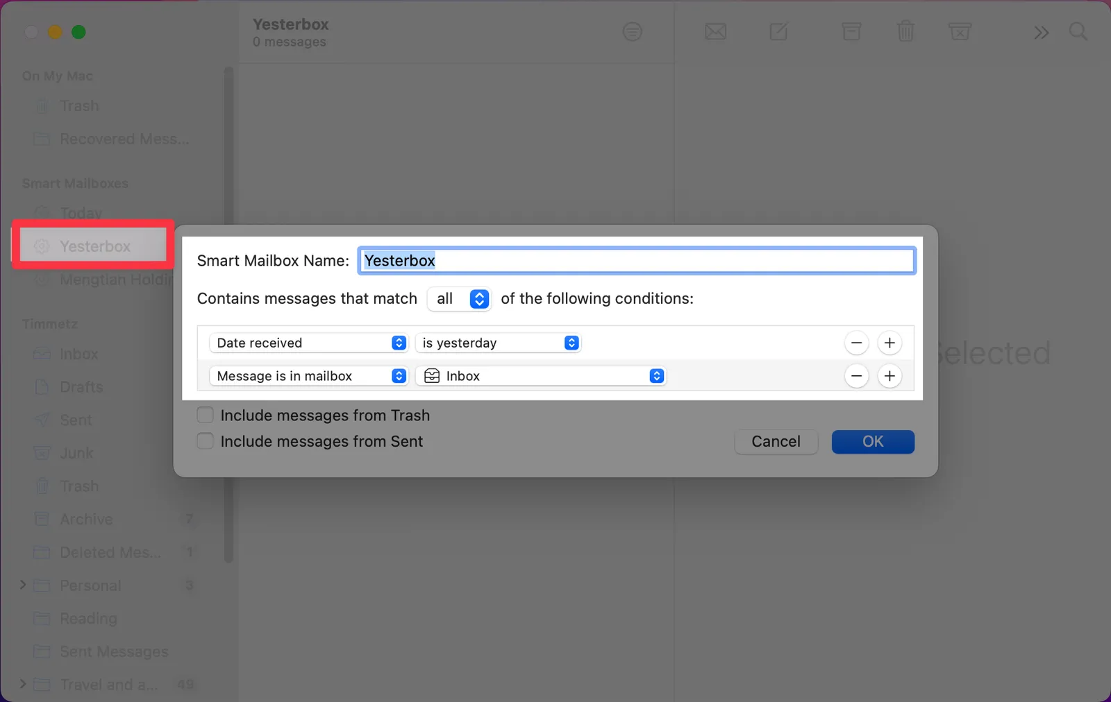 An image showing how to setup a Yesterbox Smart Mailbox in Apple Mail